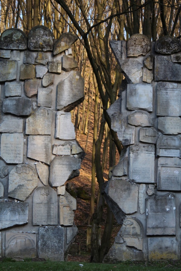 "Тріщина" в пам'ятнику, що символізує трагічну долю польських євреїв під час Другої світової війни; єврейський цвинтар в Казімєжі Дольному