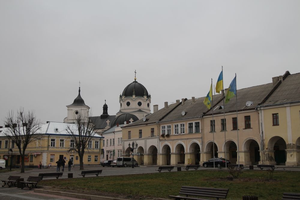 The market square in Zhovkva, the Basilian Monks Orthodox Church in the background