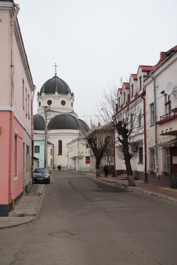 A street leading to the Basilian Monks Orthodox Church in Zhovkva