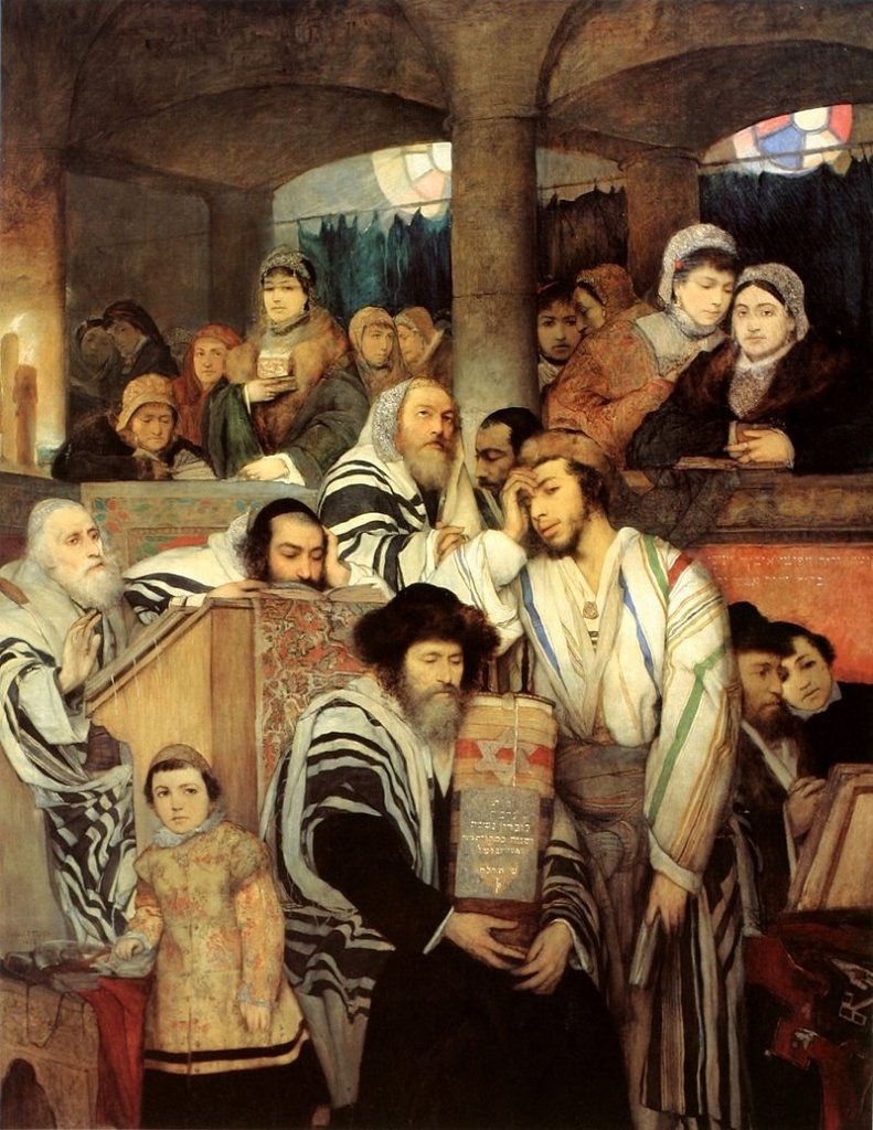 Maurycy Gottlieb, Żydzi modlący się w synagodze w czasie Yom Kippur, 1878 (domena publiczna)